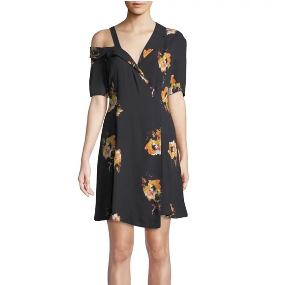 A.L.C. Dresses & Skirts - NWT A.L.C Lucia Silk Black Floral Asymmetrical Off Shoulder Faux Wrap Dress - 10